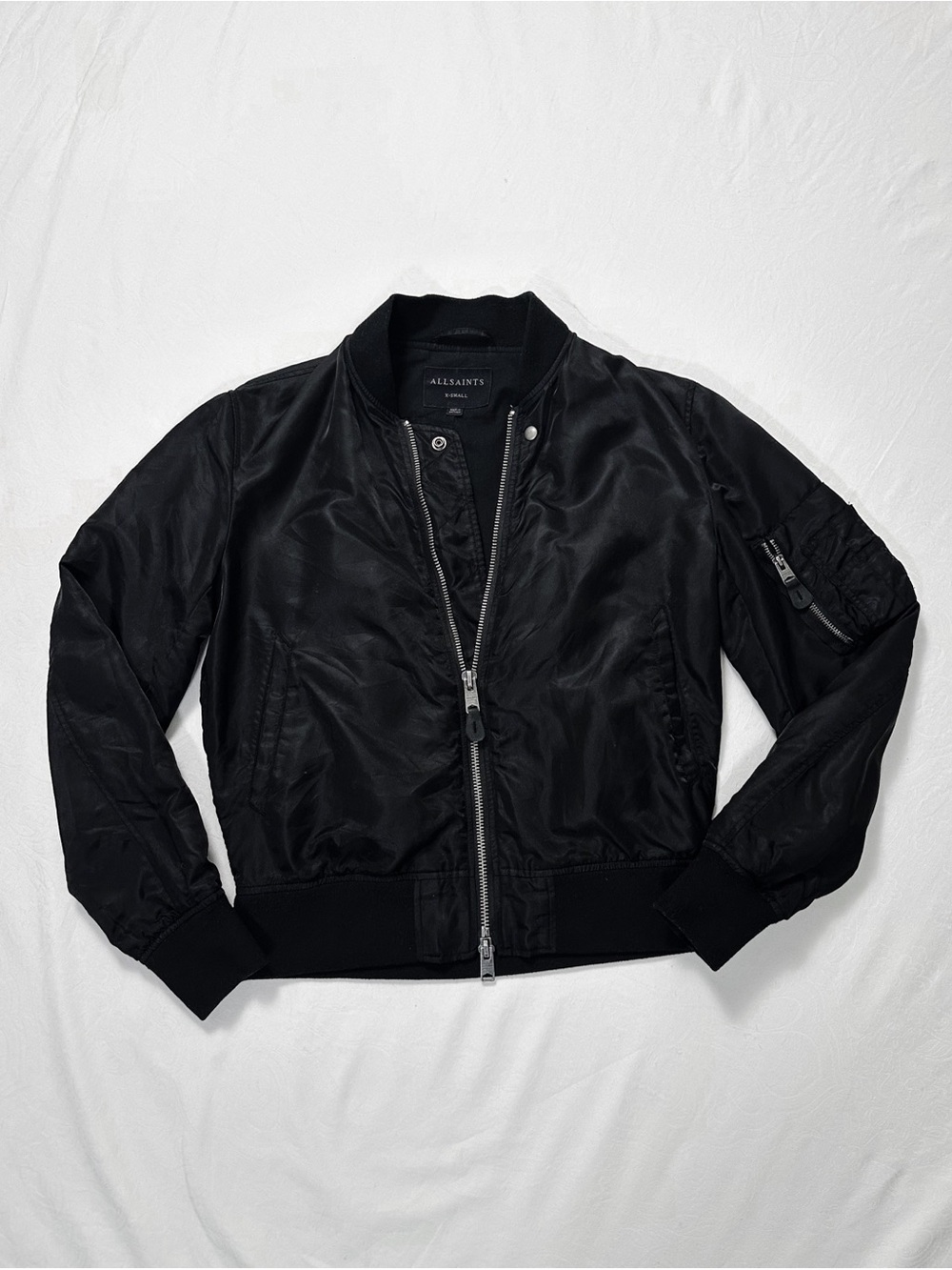 All Saints Black Men’s Myrtle Black Nylon Bomber Jacket with Zip Pocket